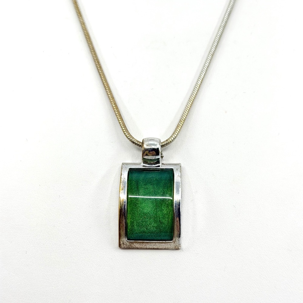 Vintage Silver Tone Green Pendant Necklace Minimalist Y2K Shimmer